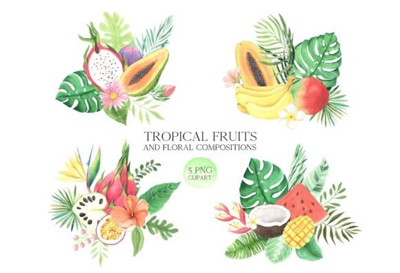 Download Watercolor Tropical Fruits Arrangements - Premium Bundle