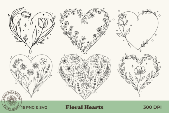 Download Floral Hearts Line Art Bundle - Hearts Collection
